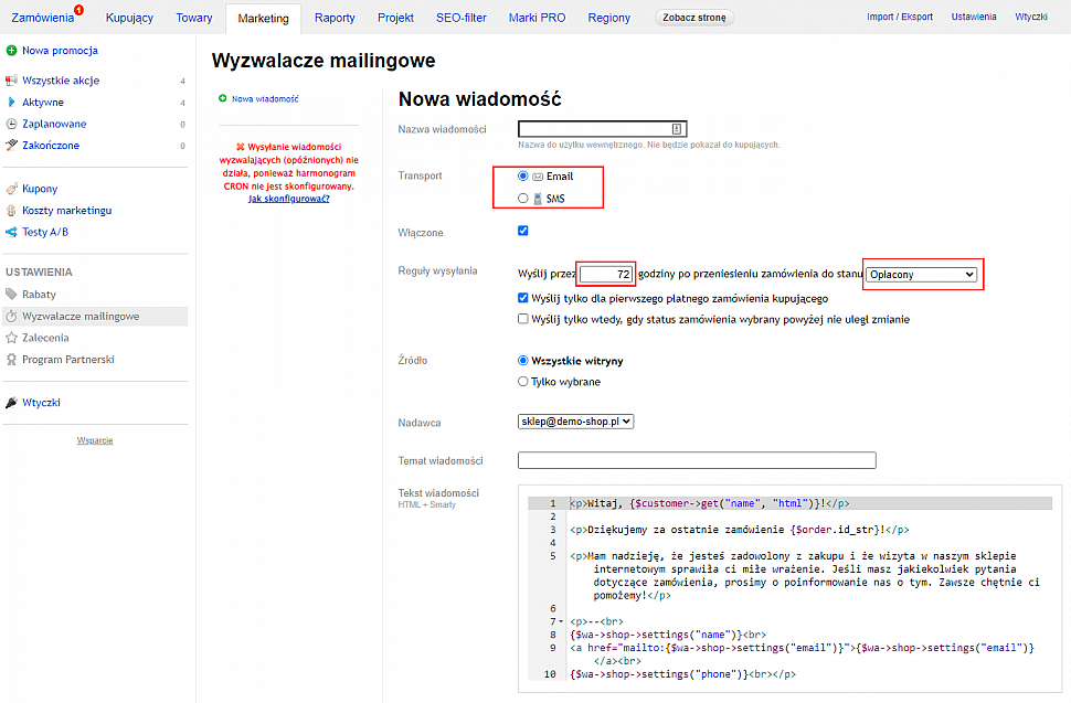 Mailingi wyzwalające (wiadomości oczekujące)