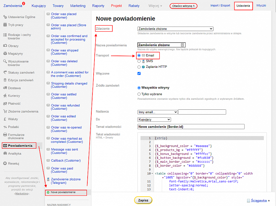 Konfigurowanie powiadomień email w aplikacji Sklep