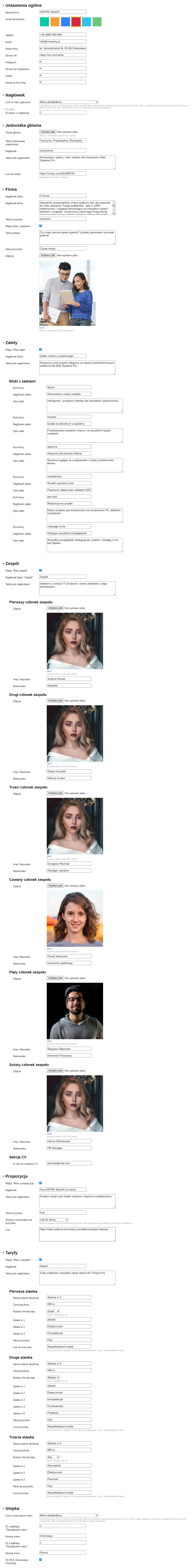 Strona ustawień szablonu 'ASPIRE StartUP'