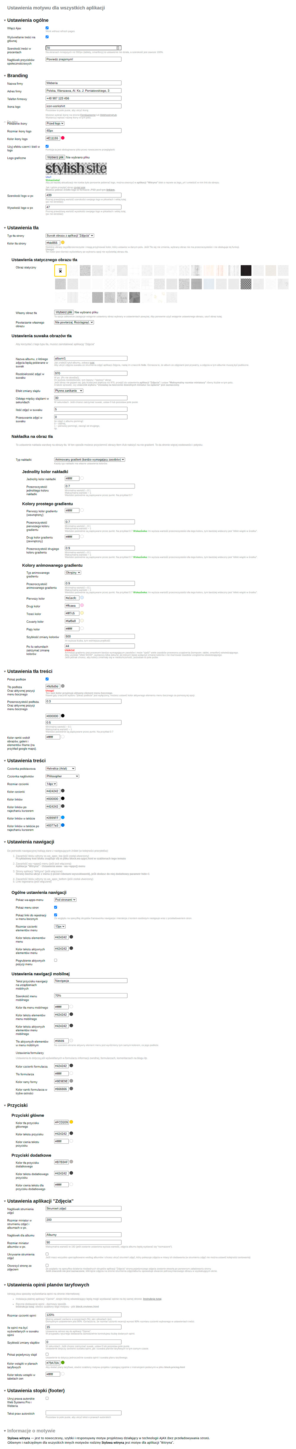 Zrzut ekranu ustawień 'Stylowa witryna'