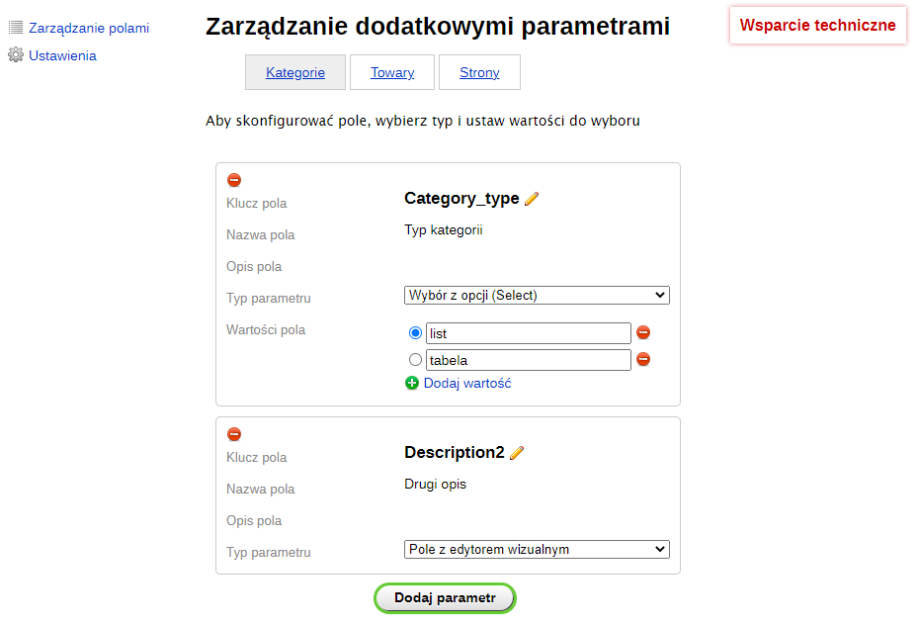 Zarządzanie dodatkowymi parametrami (sklep) Zarządzanie dodatkowymi parametrami (sklep)