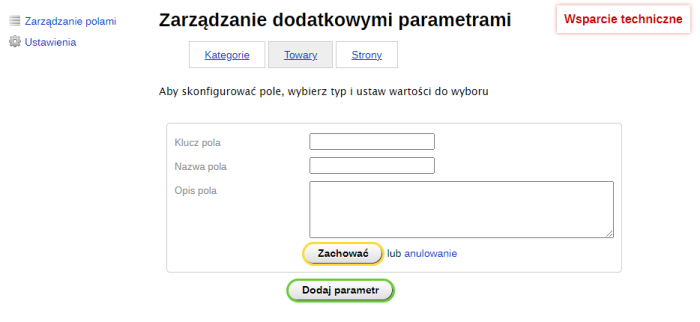 Zarządzanie dodatkowymi parametrami (sklep)