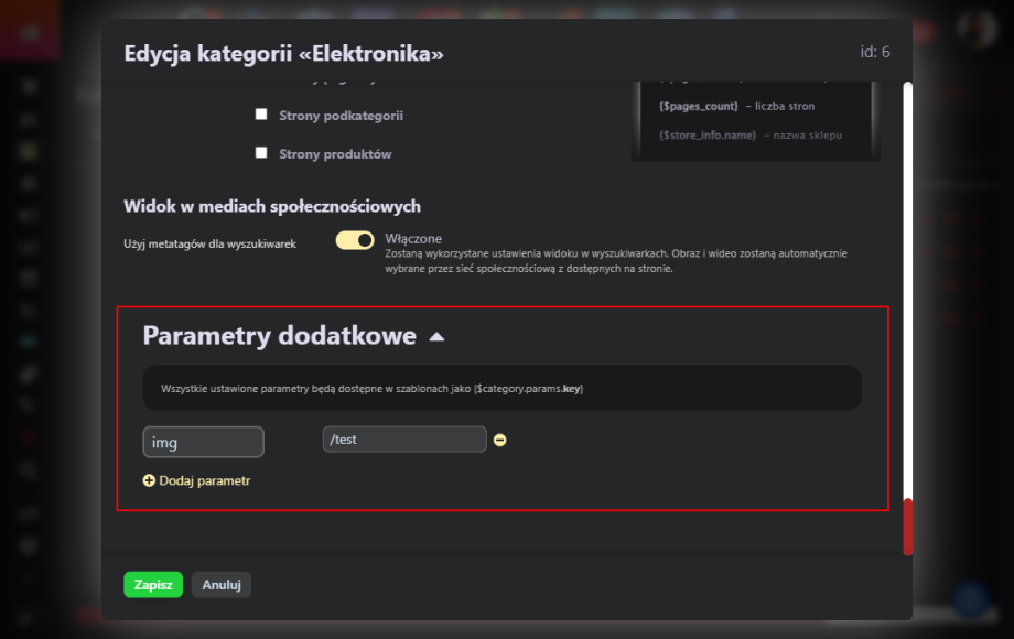 Zarządzanie dodatkowymi parametrami (sklep) Zarządzanie dodatkowymi parametrami (sklep)