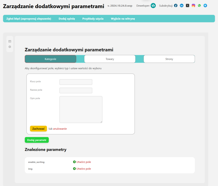 Zarządzanie dodatkowymi parametrami (sklep)