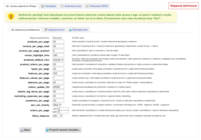 Ukryte ustawienia (sklep)
