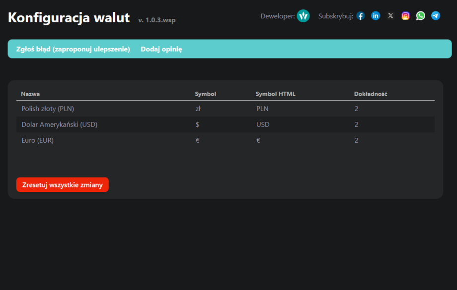 Konfiguracja walut Konfiguracja walut