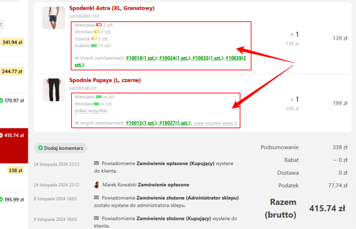 Produkt w zamówieniu: informacje dodatkowe