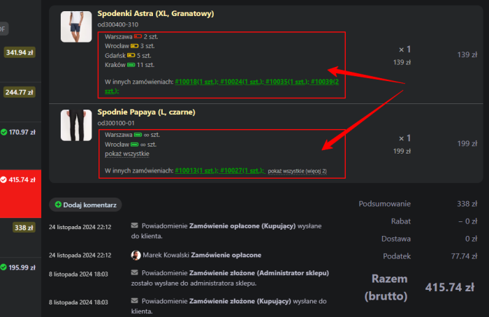 Produkt w zamówieniu: informacje dodatkowe