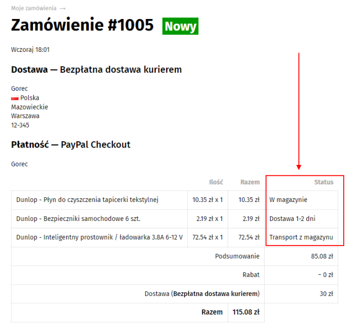 Statusy produktów w zamówieniu
