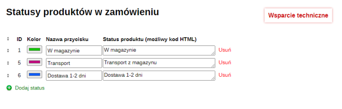 Statusy produktów w zamówieniu