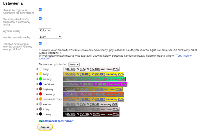 Określanie kolorów produktów
