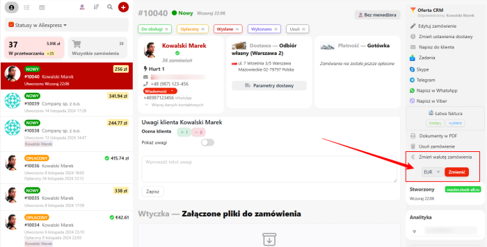 Zmiana waluty zamówienia