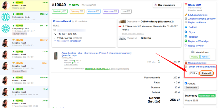 Zmiana waluty zamówienia