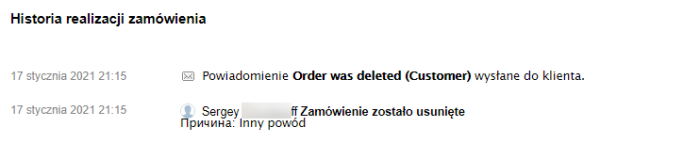 Powód usunięcia zamówienia