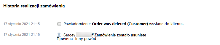 Powód usunięcia zamówienia