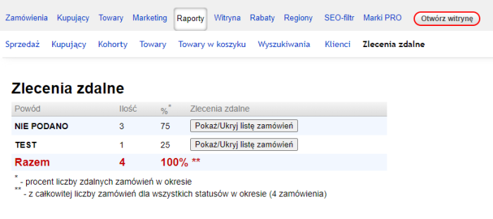 Powód usunięcia zamówienia