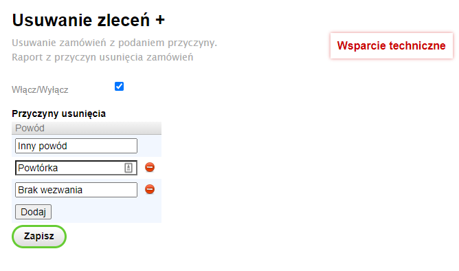Powód usunięcia zamówienia