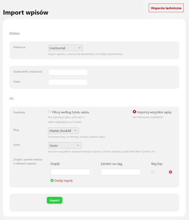 Import wpisów