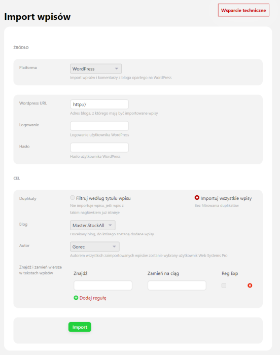 Import wpisów