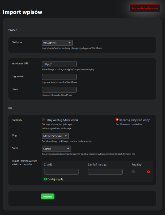 Import wpisów