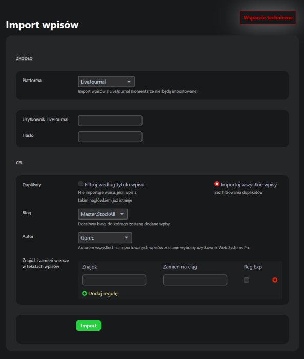 Import wpisów