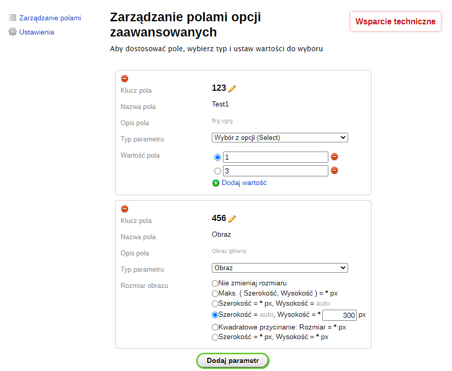 Zarządzanie dodatkowymi parametrami (witryna)