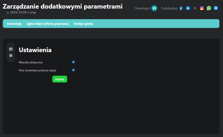 Zarządzanie dodatkowymi parametrami (witryna)