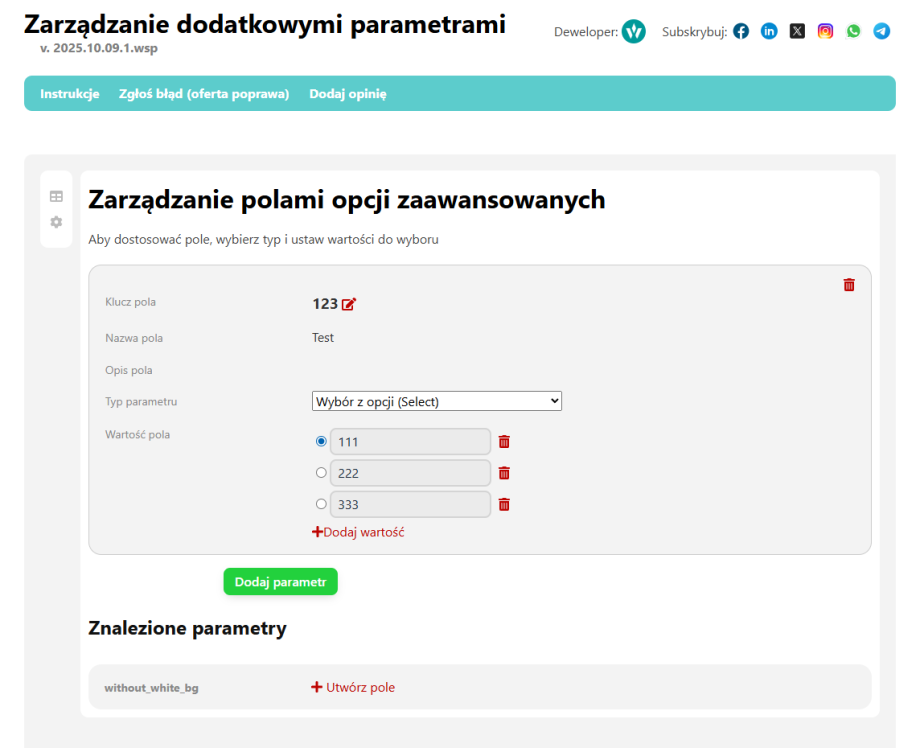 Zarządzanie dodatkowymi parametrami (witryna)