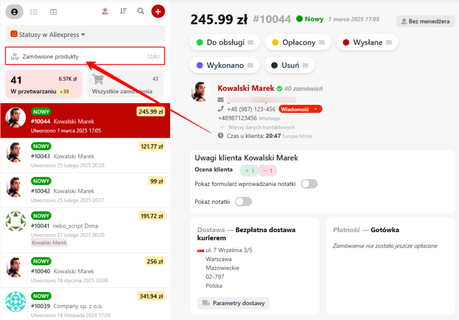 Zamówione produkty Zamówione produkty