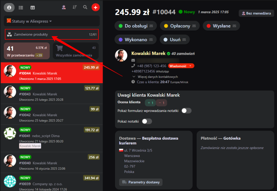 Zamówione produkty Zamówione produkty
