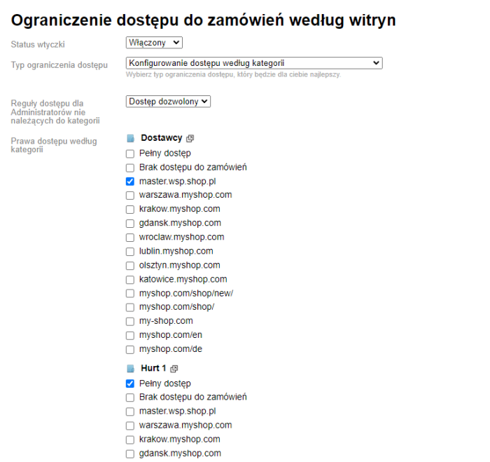 Ograniczenie dostępu do zamówień według witryn