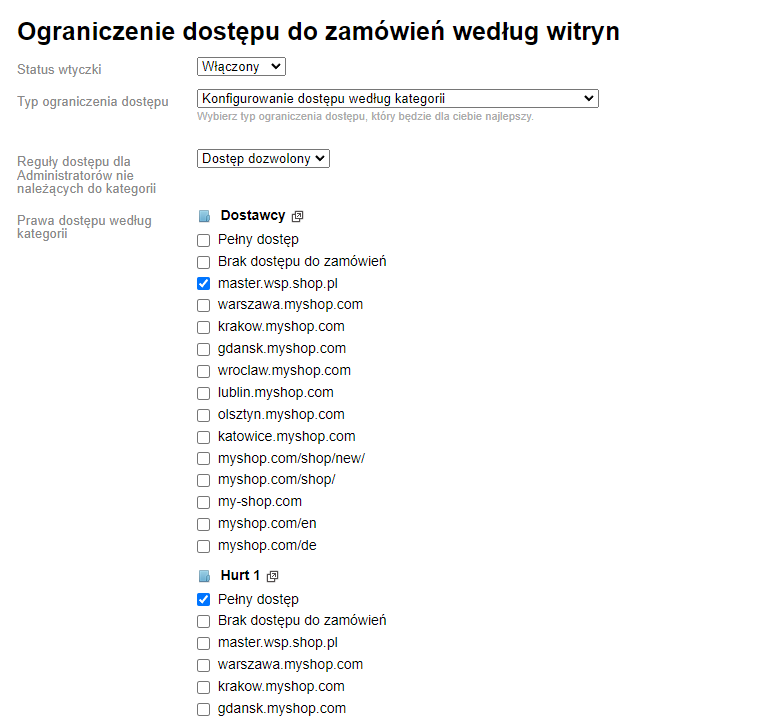Ograniczenie dostępu do zamówień według witryn Ograniczenie dostępu do zamówień według witryn