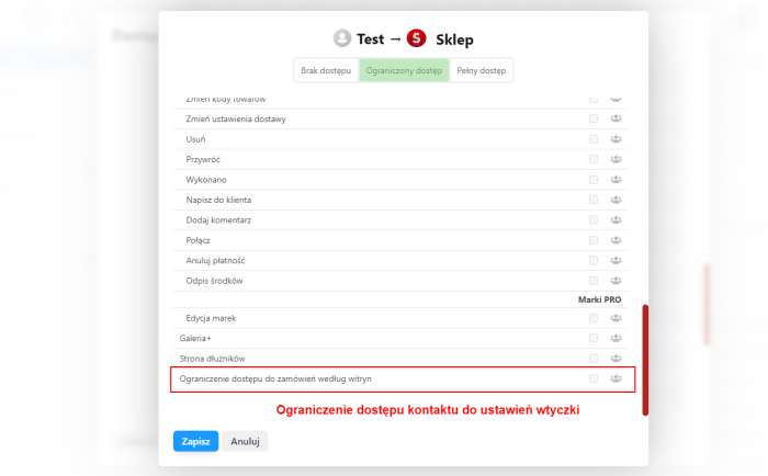Ograniczenie dostępu do zamówień według witryn