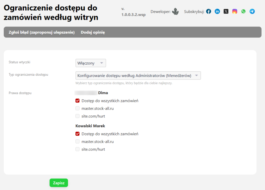 Ograniczenie dostępu do zamówień według witryn Ograniczenie dostępu do zamówień według witryn