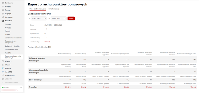 Raport o ruchu punktów bonusowych