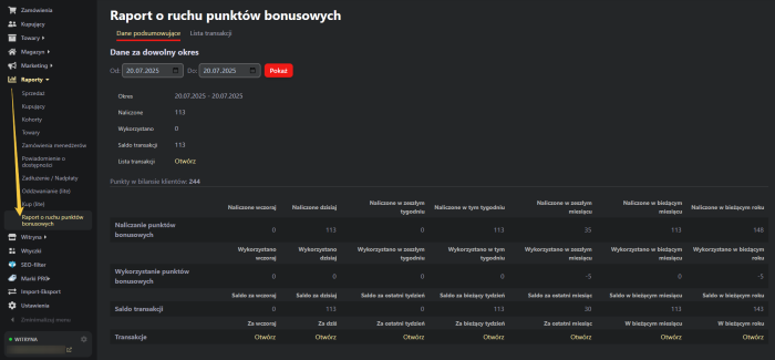 Raport o ruchu punktów bonusowych