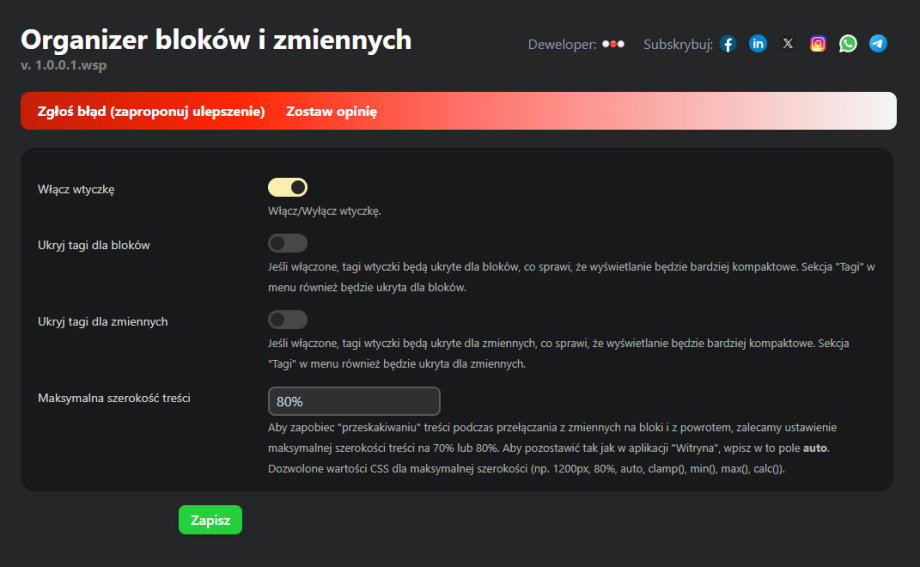 Organizer bloków i zmiennych Organizer bloków i zmiennych