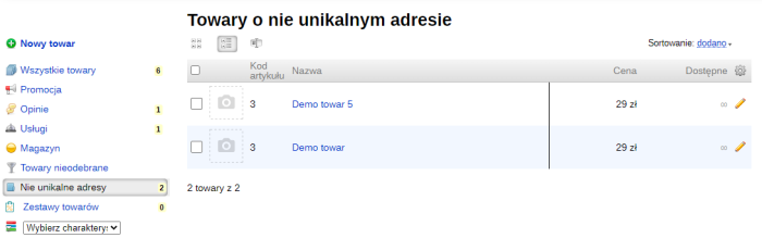 Towary o nie unikalnym adresie