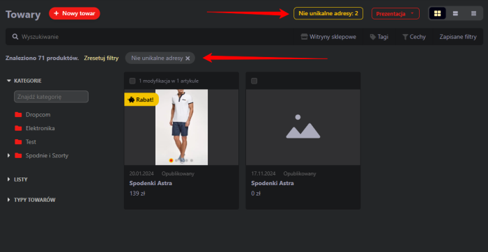 Towary o nie unikalnym adresie
