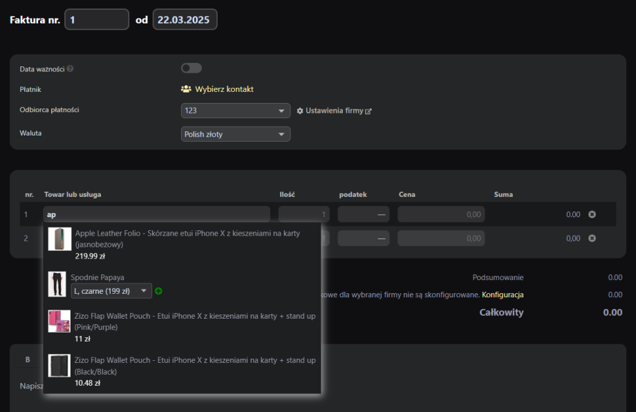 Wyszukiwanie produktów dla Faktury Wyszukiwanie produktów dla Faktury
