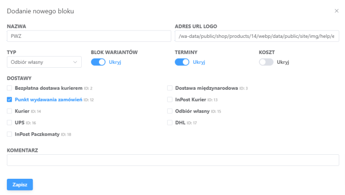 Własne bloki dostawcze