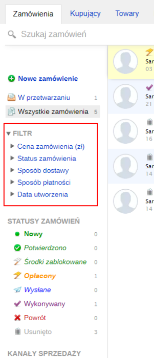 Filtr zamówień