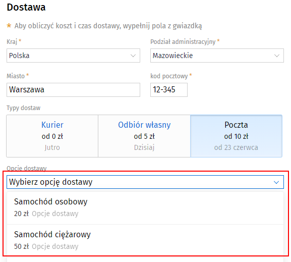 Opcje dostawy