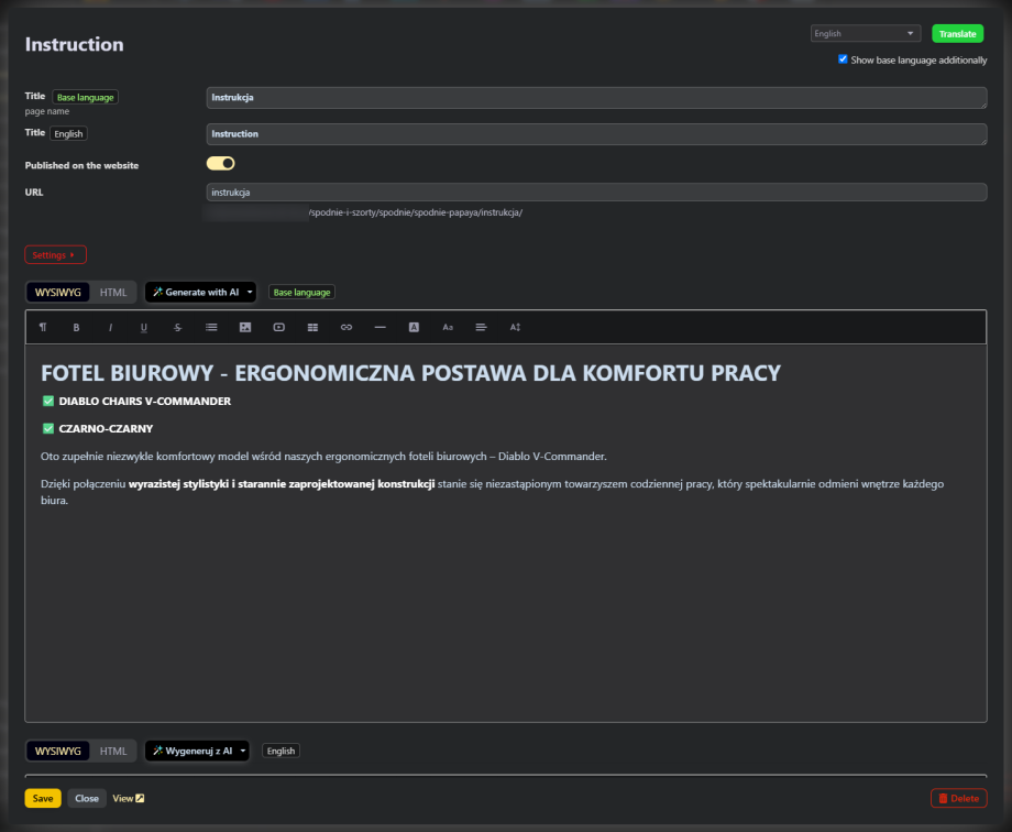 Tłumaczenie podstron produktów