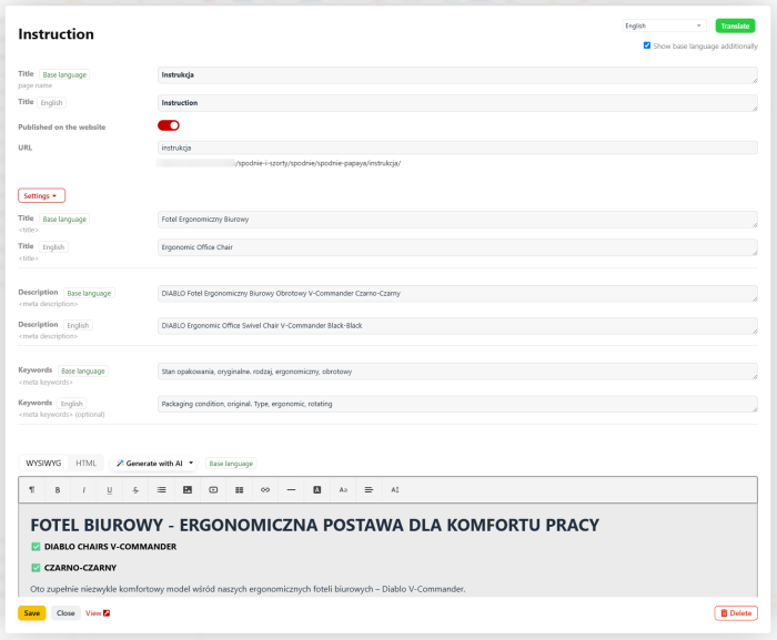 Tłumaczenie podstron produktów