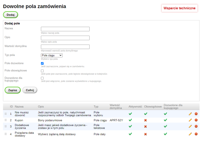 Dowolne pola zamówienia