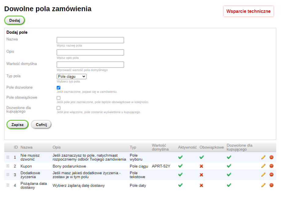 Dowolne pola zamówienia Dowolne pola zamówienia