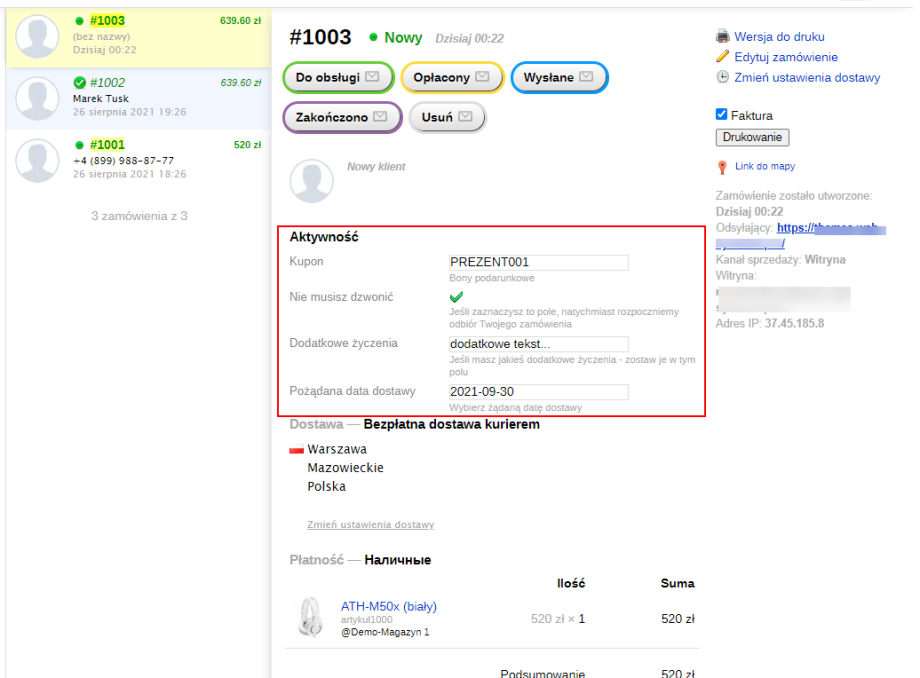Dowolne pola zamówienia Dowolne pola zamówienia