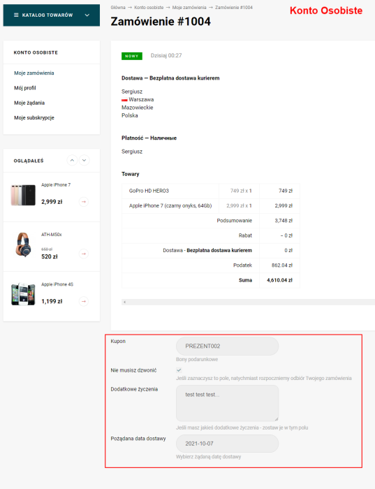 Dowolne pola zamówienia