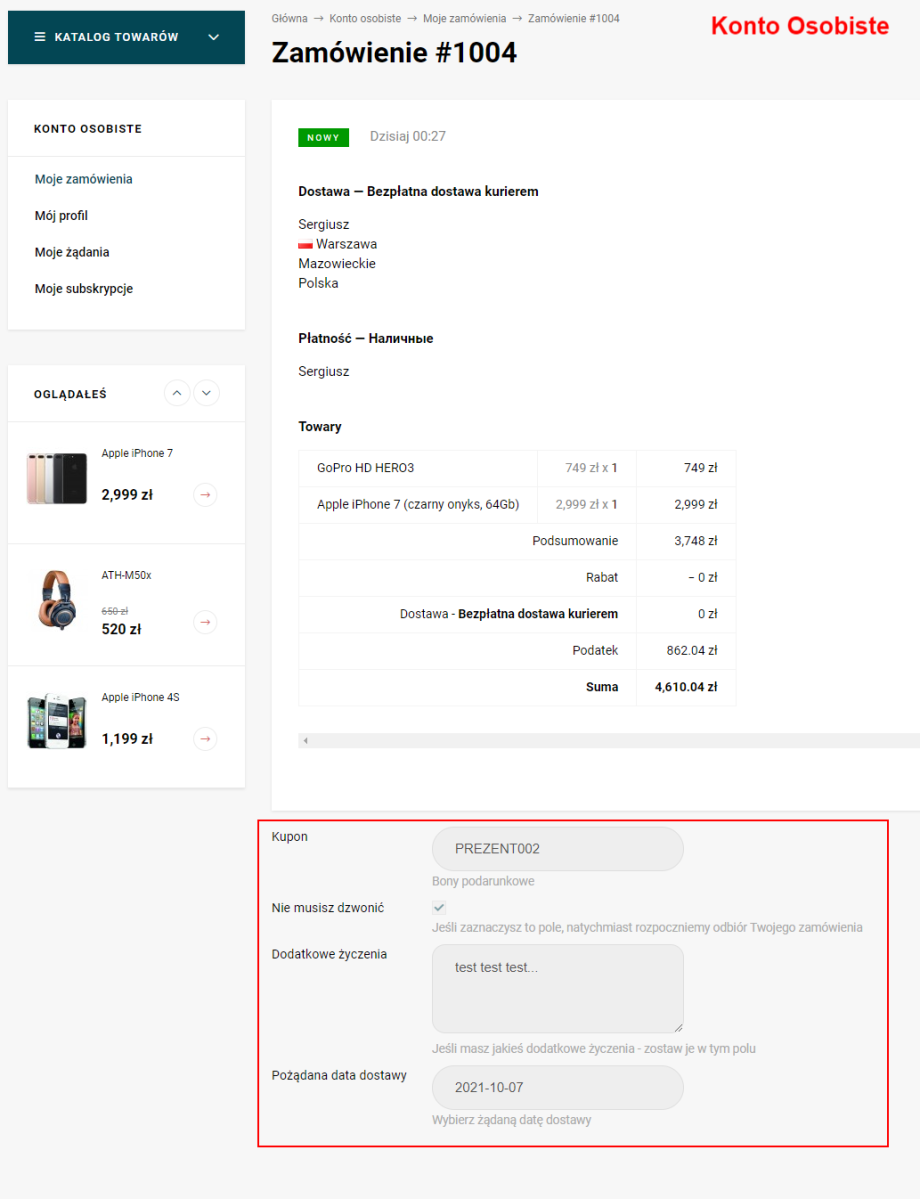 Dowolne pola zamówienia Dowolne pola zamówienia